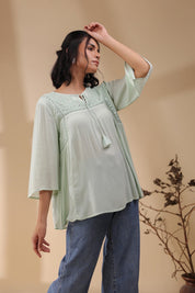 Women Rayon Crepe Green Mirror Work Embroidered Peplum Top - Nyaro