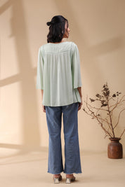 Women Rayon Crepe Green Mirror Work Embroidered Peplum Top - Nyaro