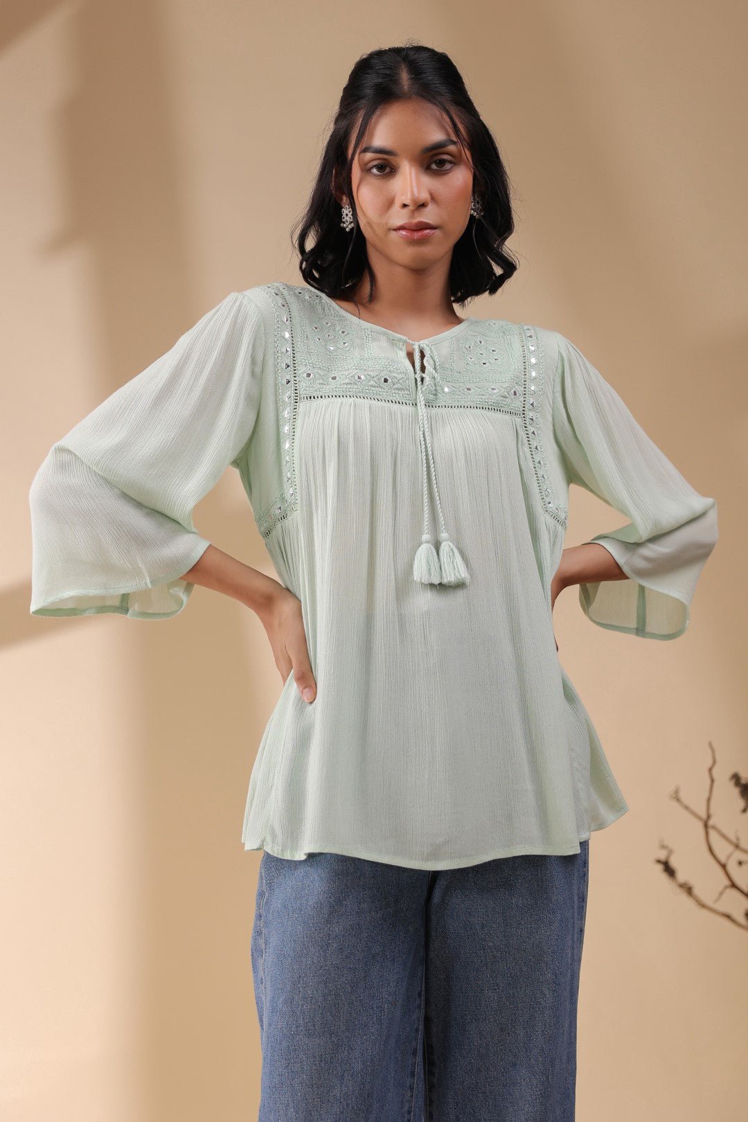 Women Rayon Crepe Green Mirror Work Embroidered Peplum Top - Nyaro