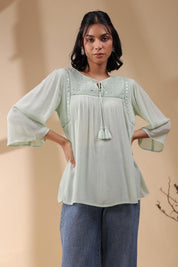 Women Rayon Crepe Green Mirror Work Embroidered Peplum Top - Nyaro