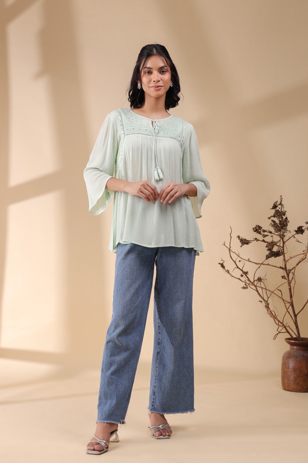 Women Rayon Crepe Green Mirror Work Embroidered Peplum Top - Nyaro