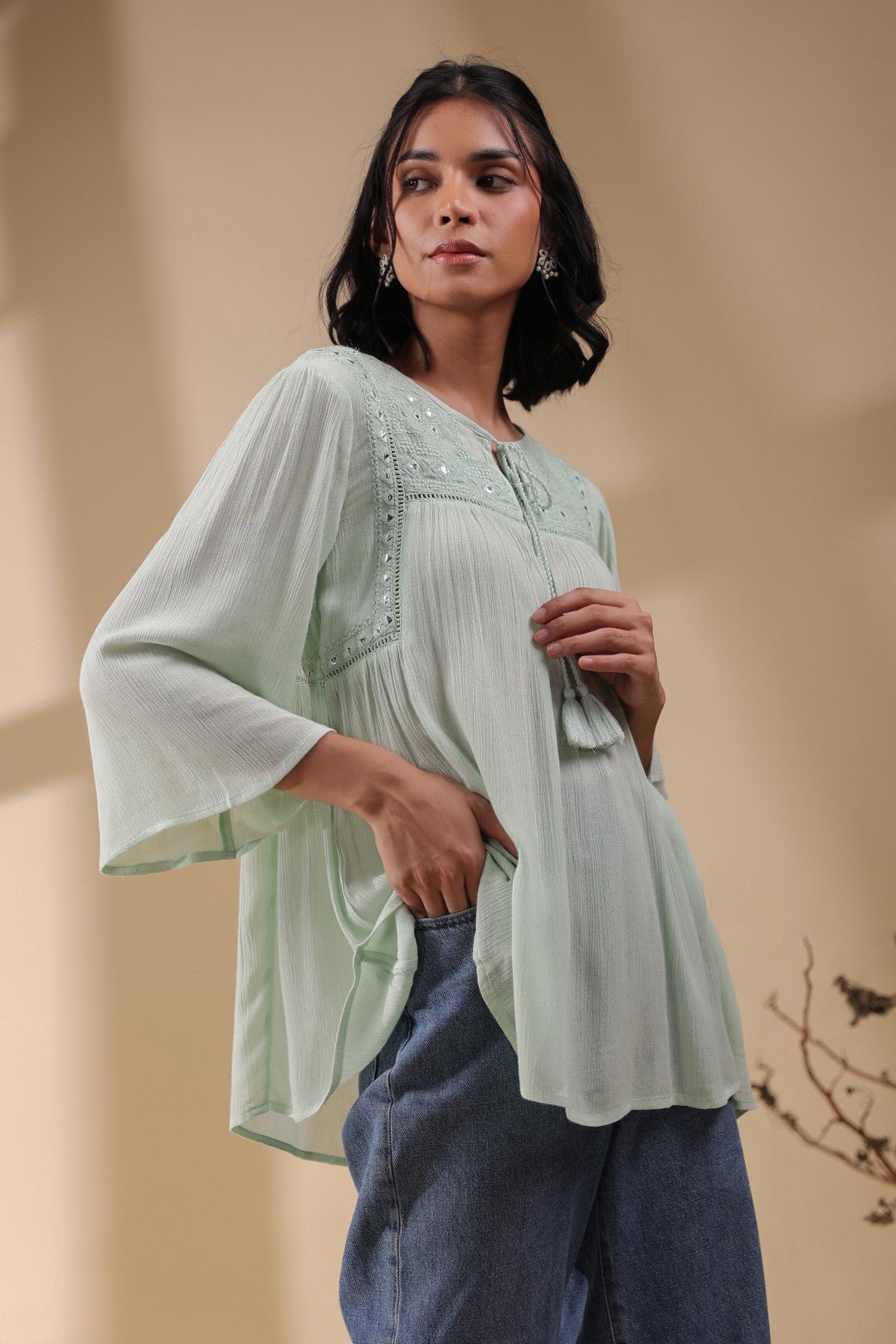 Women Rayon Crepe Green Mirror Work Embroidered Peplum Top - Nyaro