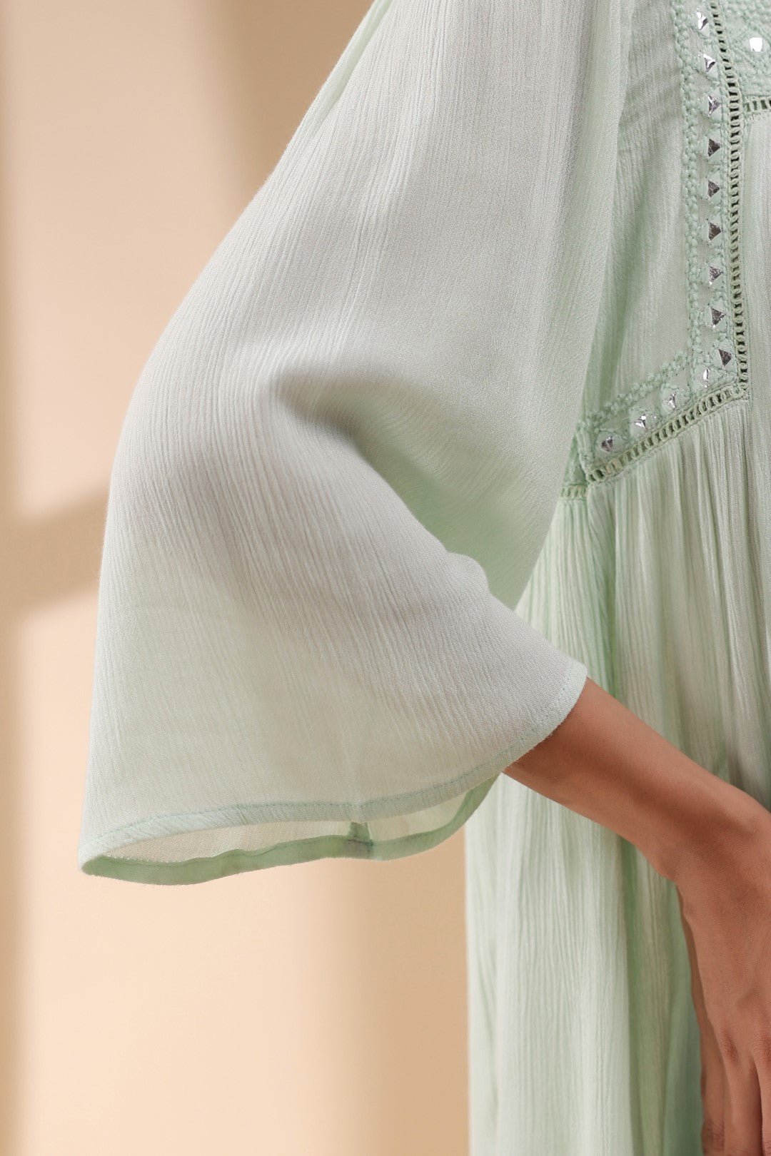 Women Rayon Crepe Green Mirror Work Embroidered Peplum Top - Nyaro
