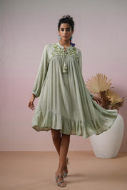Women Rayon Embroidered Flared Mini Dress - Nyaro