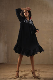 Women Rayon Embroidered Flared Mini Dress - Nyaro