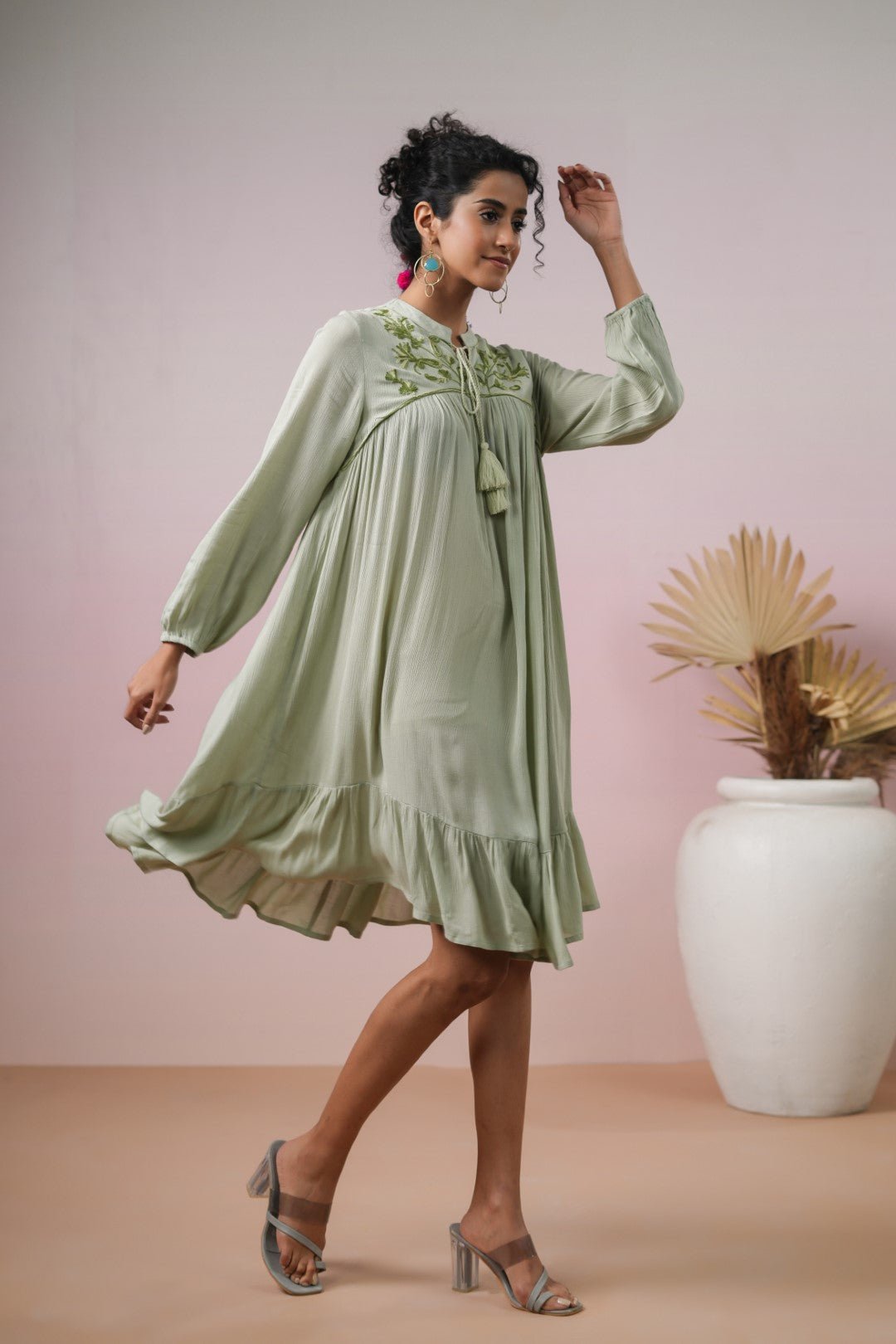Women Rayon Embroidered Flared Mini Dress - Nyaro