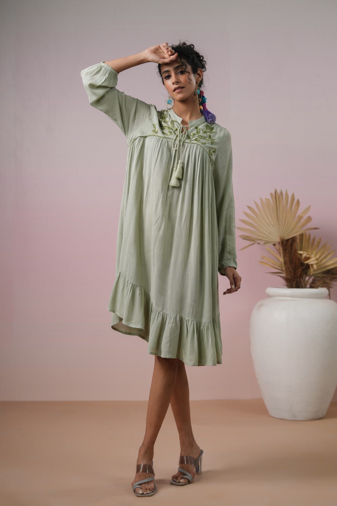 Women Rayon Embroidered Flared Mini Dress - Nyaro