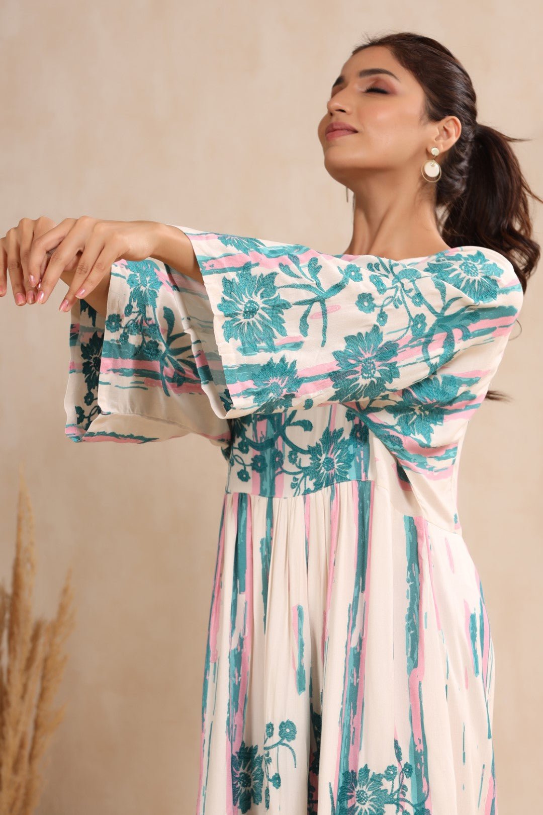 Women Rayon Printed Embroidery Flared Midi Dress - Nyaro