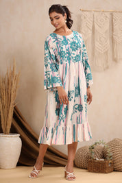 Women Rayon Printed Embroidery Flared Midi Dress - Nyaro