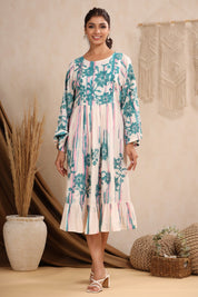 Women Rayon Printed Embroidery Flared Midi Dress - Nyaro