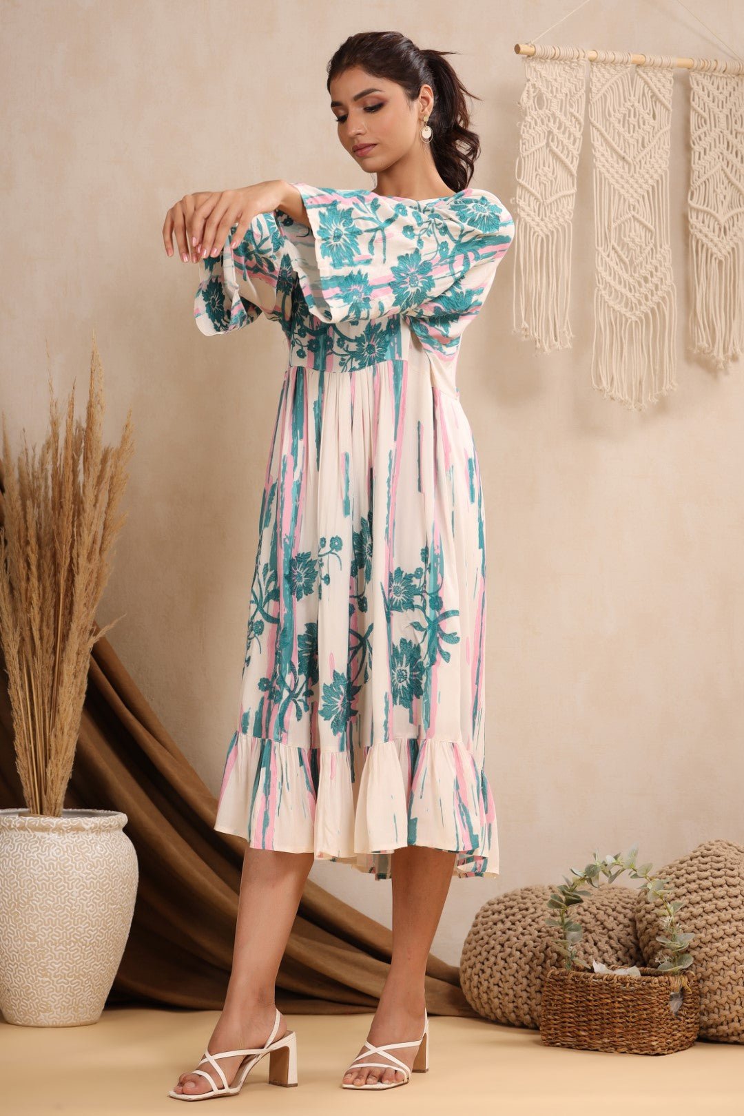 Women Rayon Printed Embroidery Flared Midi Dress - Nyaro