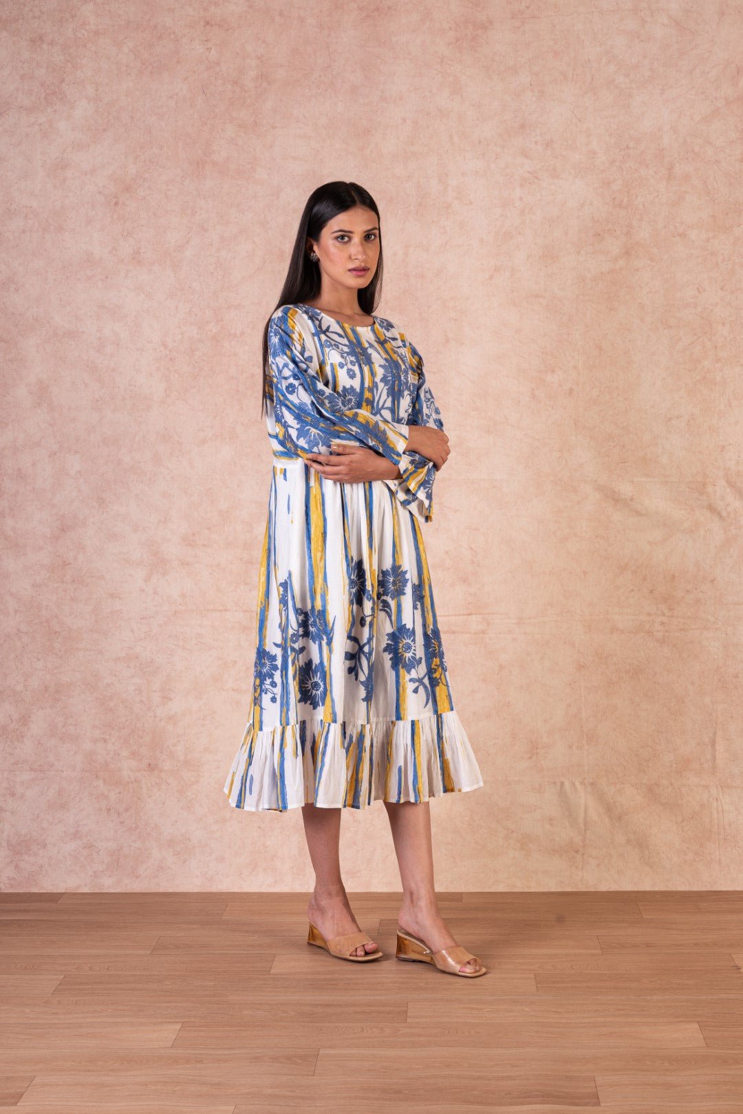 Women Rayon Printed Embroidery Flared Midi Dress - Nyaro