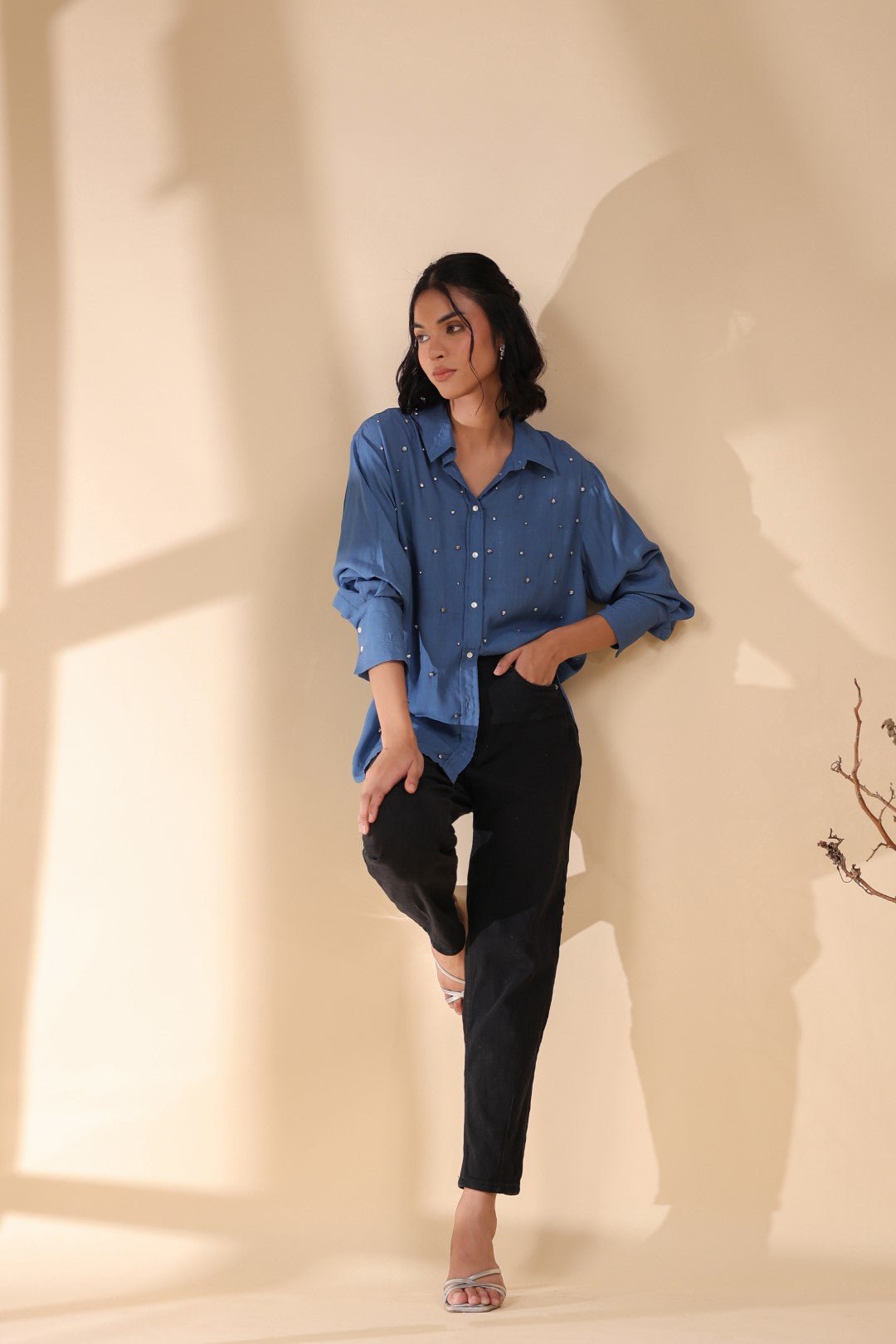 Women Royal Blue Viscose 60's Modal Shirt with Beads Work - Nyaro