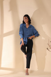 Women Royal Blue Viscose 60's Modal Shirt with Beads Work - Nyaro