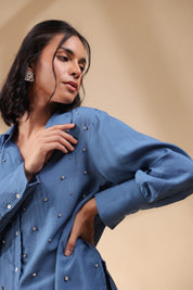 Women Royal Blue Viscose 60's Modal Shirt with Beads Work - Nyaro