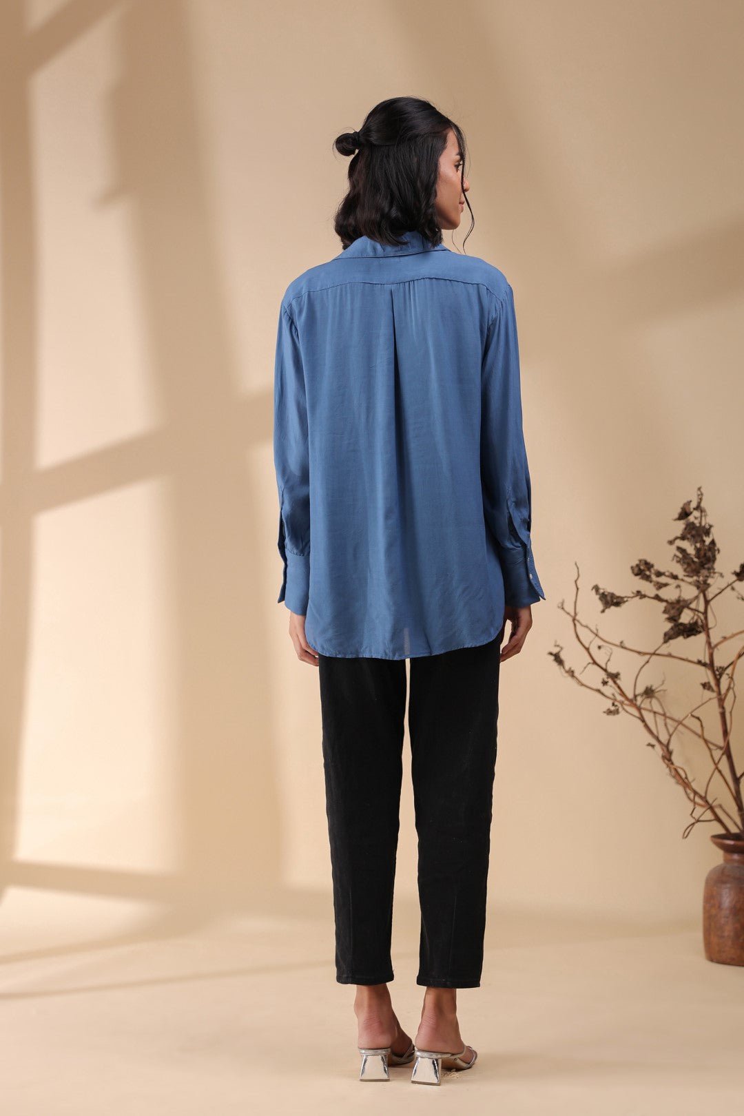 Women Royal Blue Viscose 60's Modal Shirt with Beads Work - Nyaro