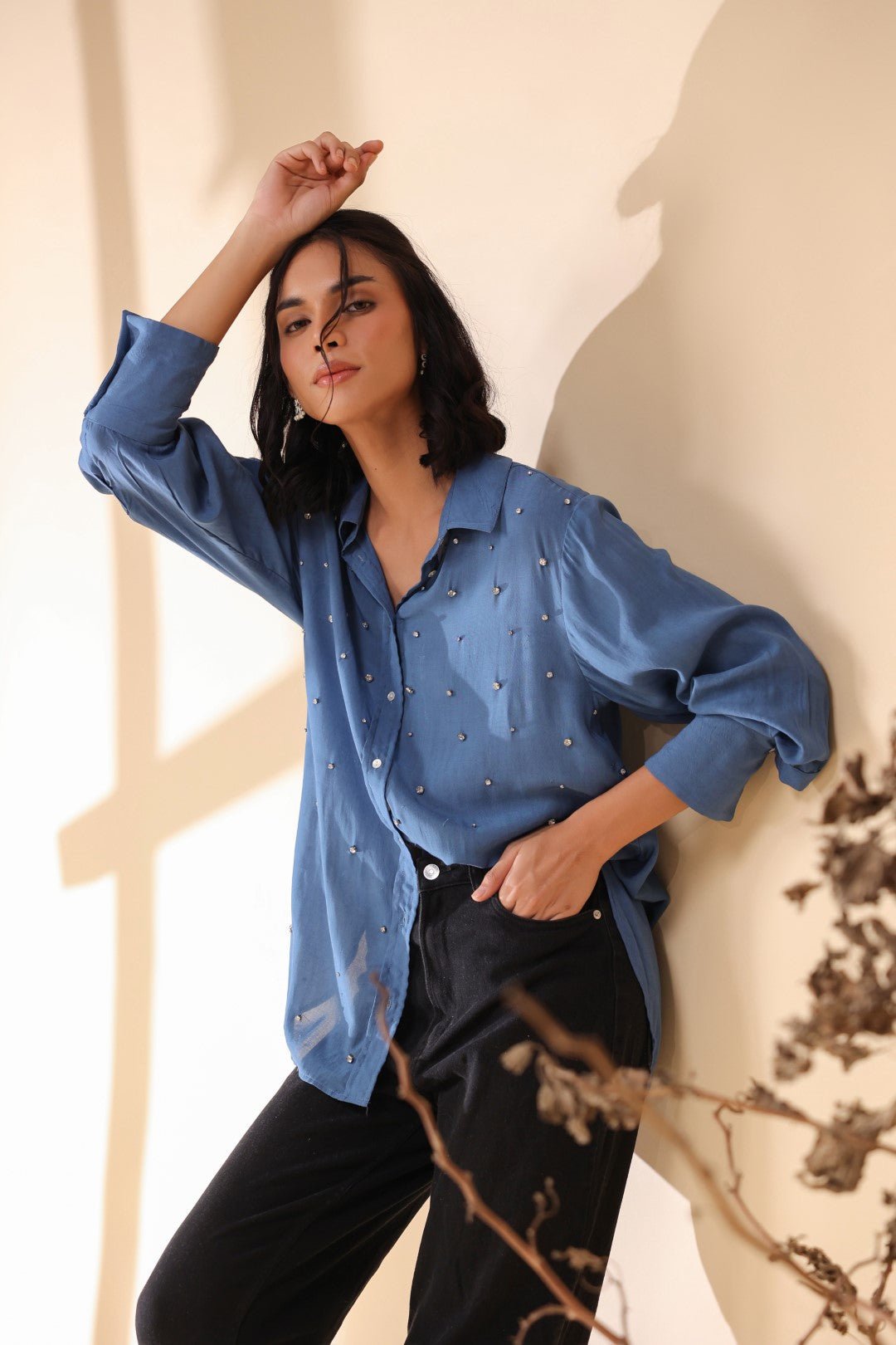 Women Royal Blue Viscose 60's Modal Shirt with Beads Work - Nyaro