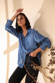 Women Royal Blue Viscose 60's Modal Shirt with Beads Work - Nyaro