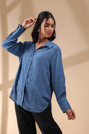 Women Royal Blue Viscose 60's Modal Shirt with Beads Work - Nyaro