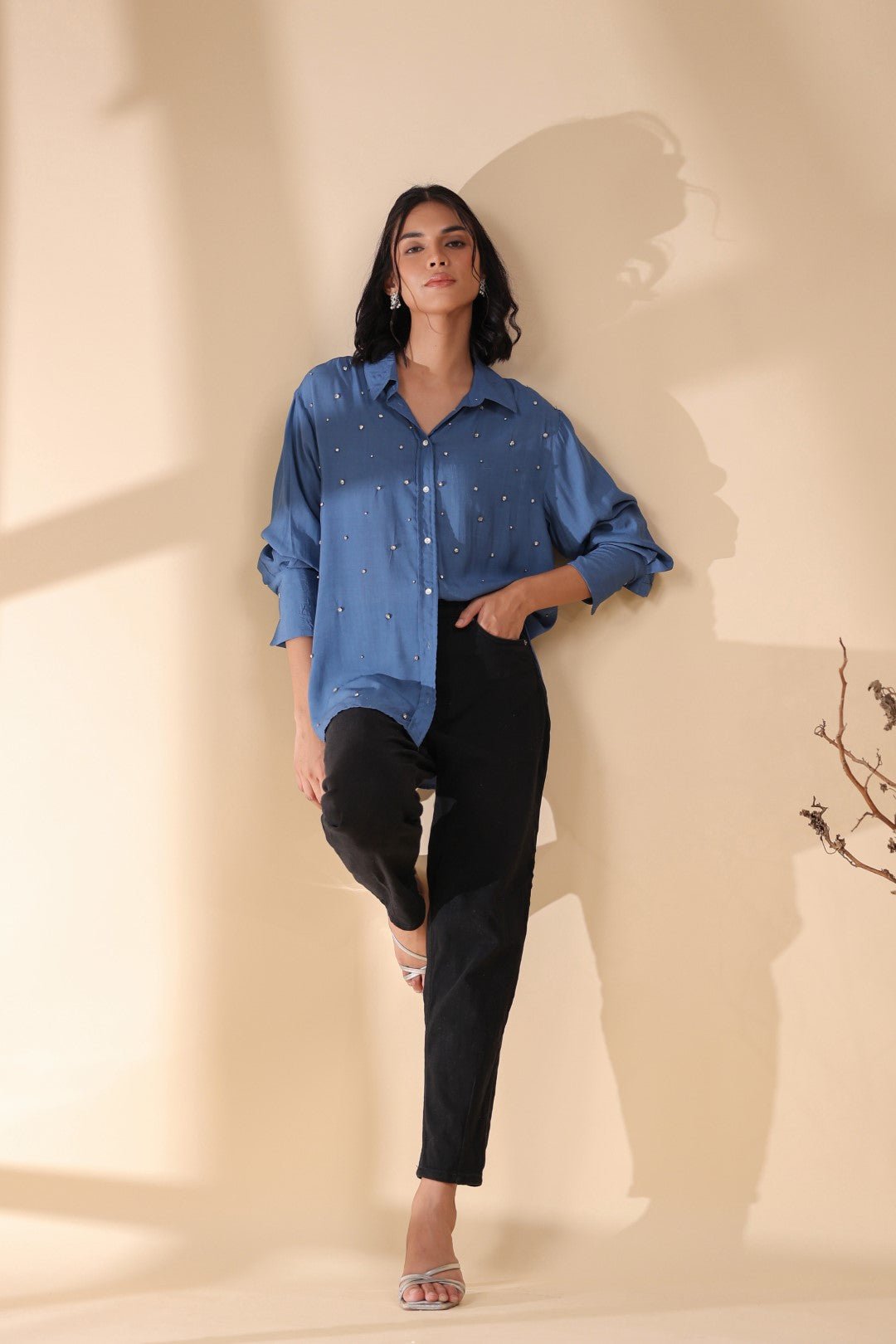 Women Royal Blue Viscose 60's Modal Shirt with Beads Work - Nyaro