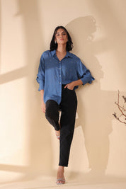 Women Royal Blue Viscose 60's Modal Shirt with Beads Work - Nyaro