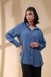 Women Royal Blue Viscose 60's Modal Shirt with Beads Work - Nyaro