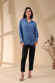 Women Royal Blue Viscose 60's Modal Shirt with Beads Work - Nyaro