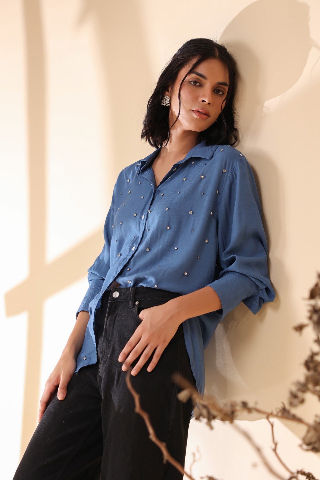 Women Royal Blue Viscose 60's Modal Shirt with Beads Work - Nyaro