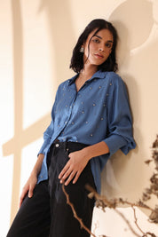 Women Royal Blue Viscose 60's Modal Shirt with Beads Work - Nyaro