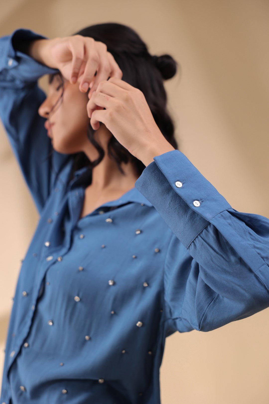 Women Royal Blue Viscose 60's Modal Shirt with Beads Work - Nyaro