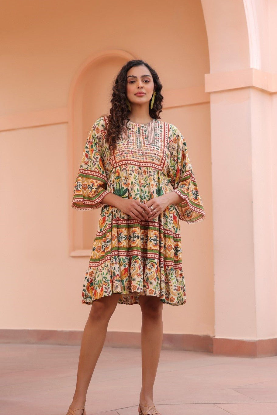 Women Viscose Digital Printed Embroidery And Beads Work Mini Dress - Nyaro