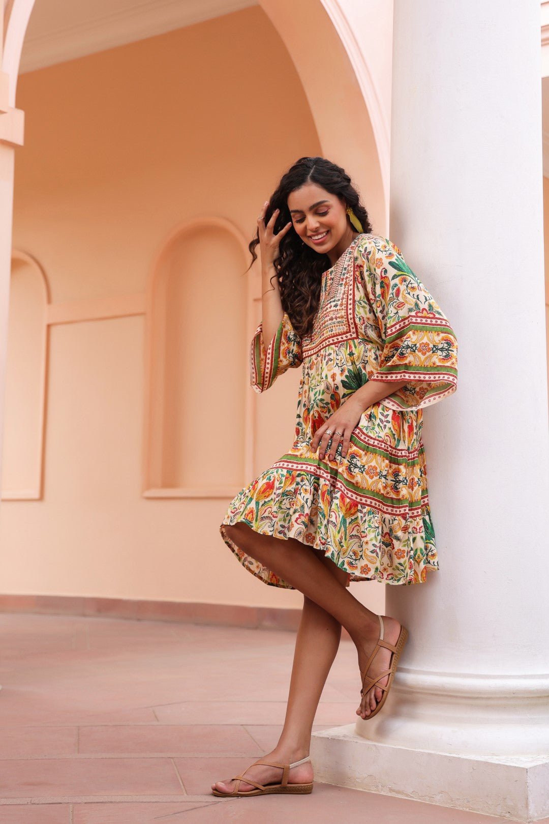 Women Viscose Digital Printed Embroidery And Beads Work Mini Dress - Nyaro