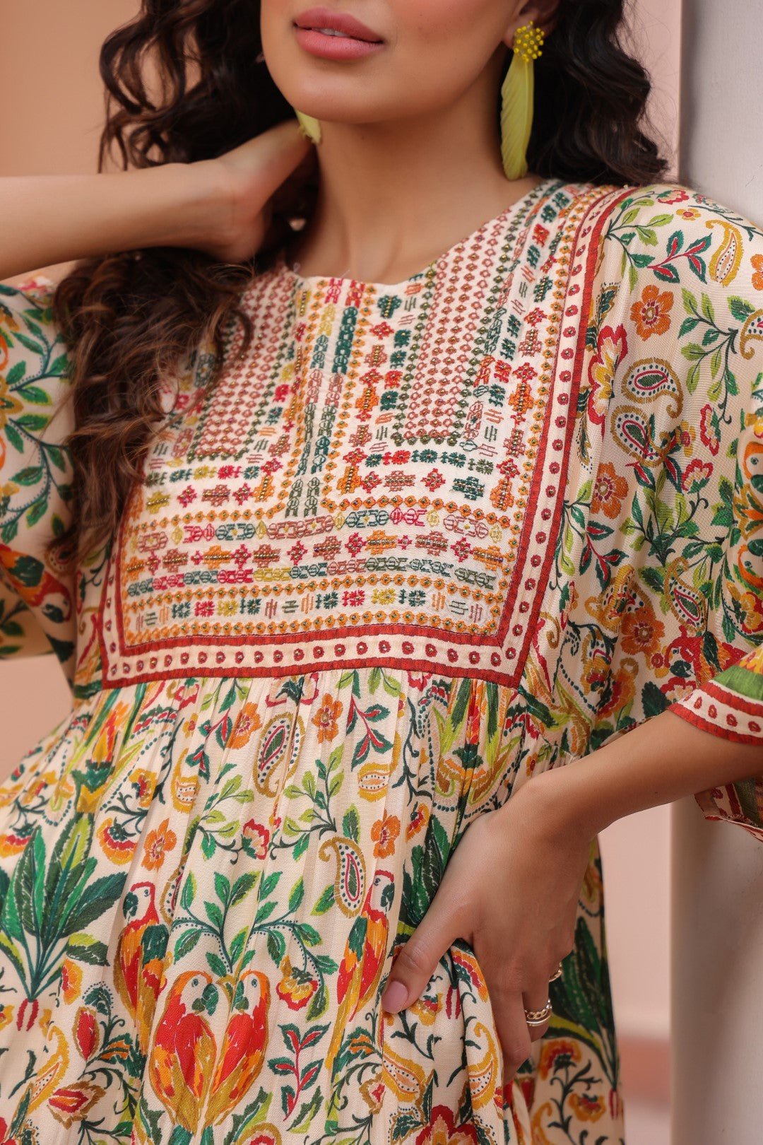 Women Viscose Digital Printed Embroidery And Beads Work Mini Dress - Nyaro