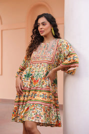 Women Viscose Digital Printed Embroidery And Beads Work Mini Dress - Nyaro