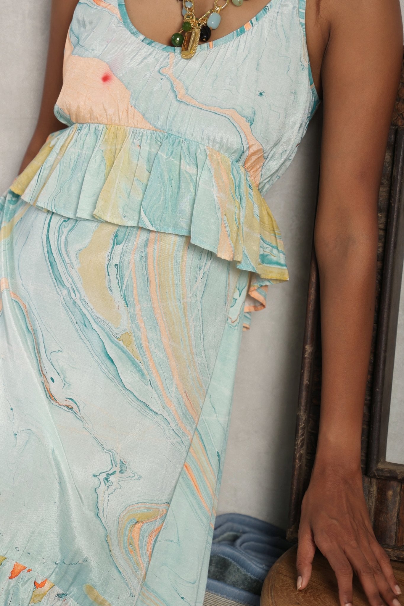 Women Viscose Marble Print Frill Maxi Dress - Nyaro