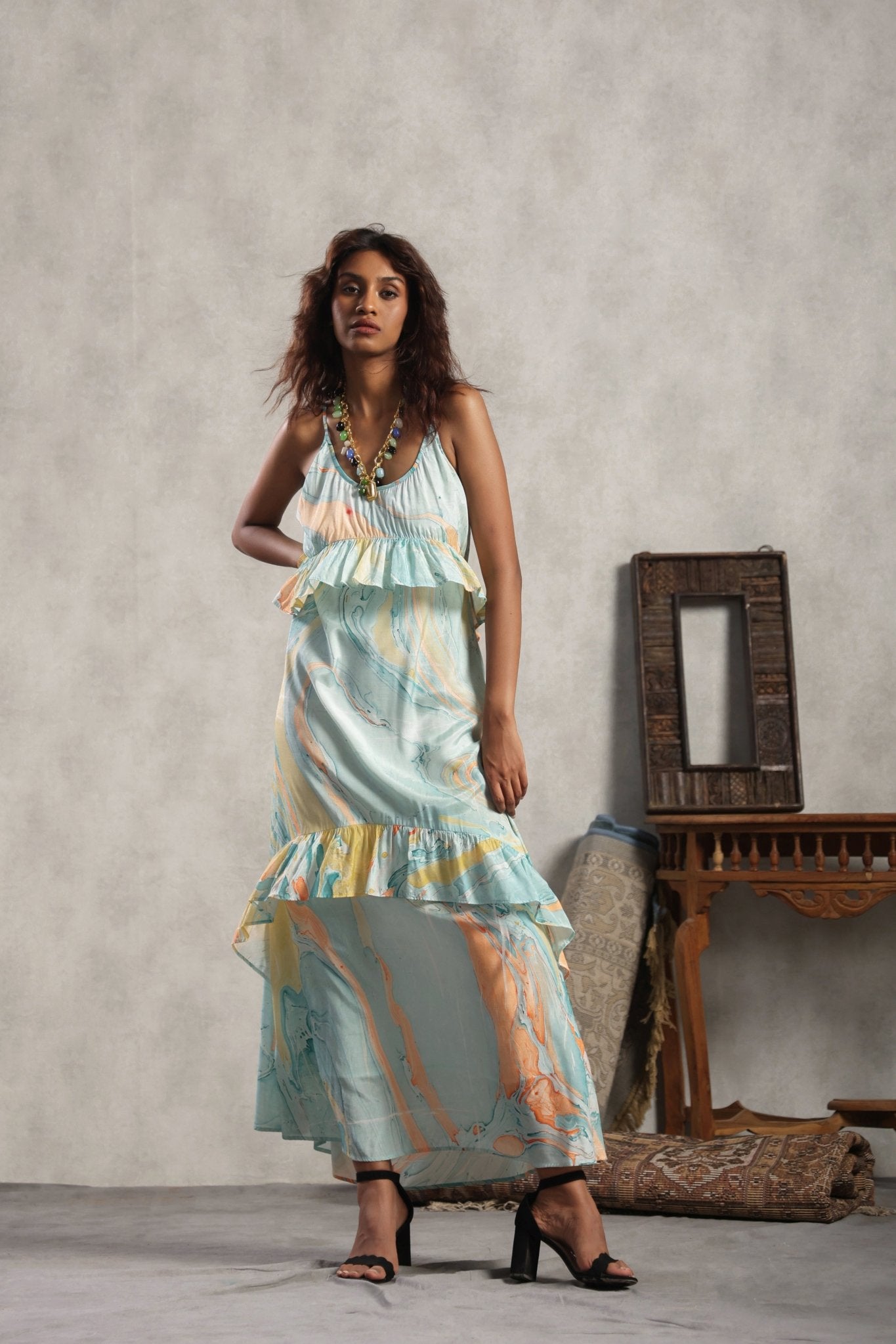 Women Viscose Marble Print Frill Maxi Dress - Nyaro