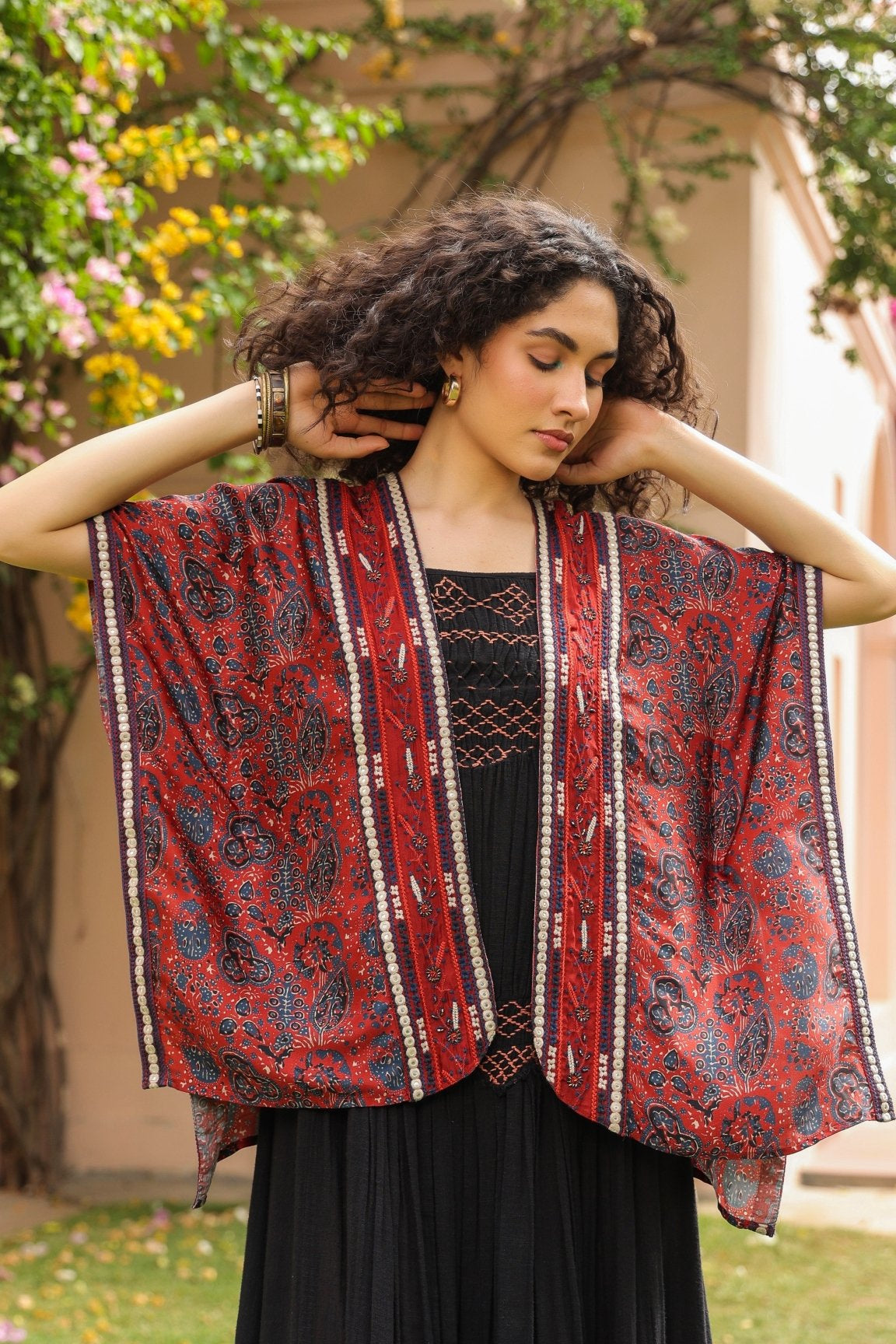 Women Viscose Printed Embroidery Beads Work Shrug - Nyaro