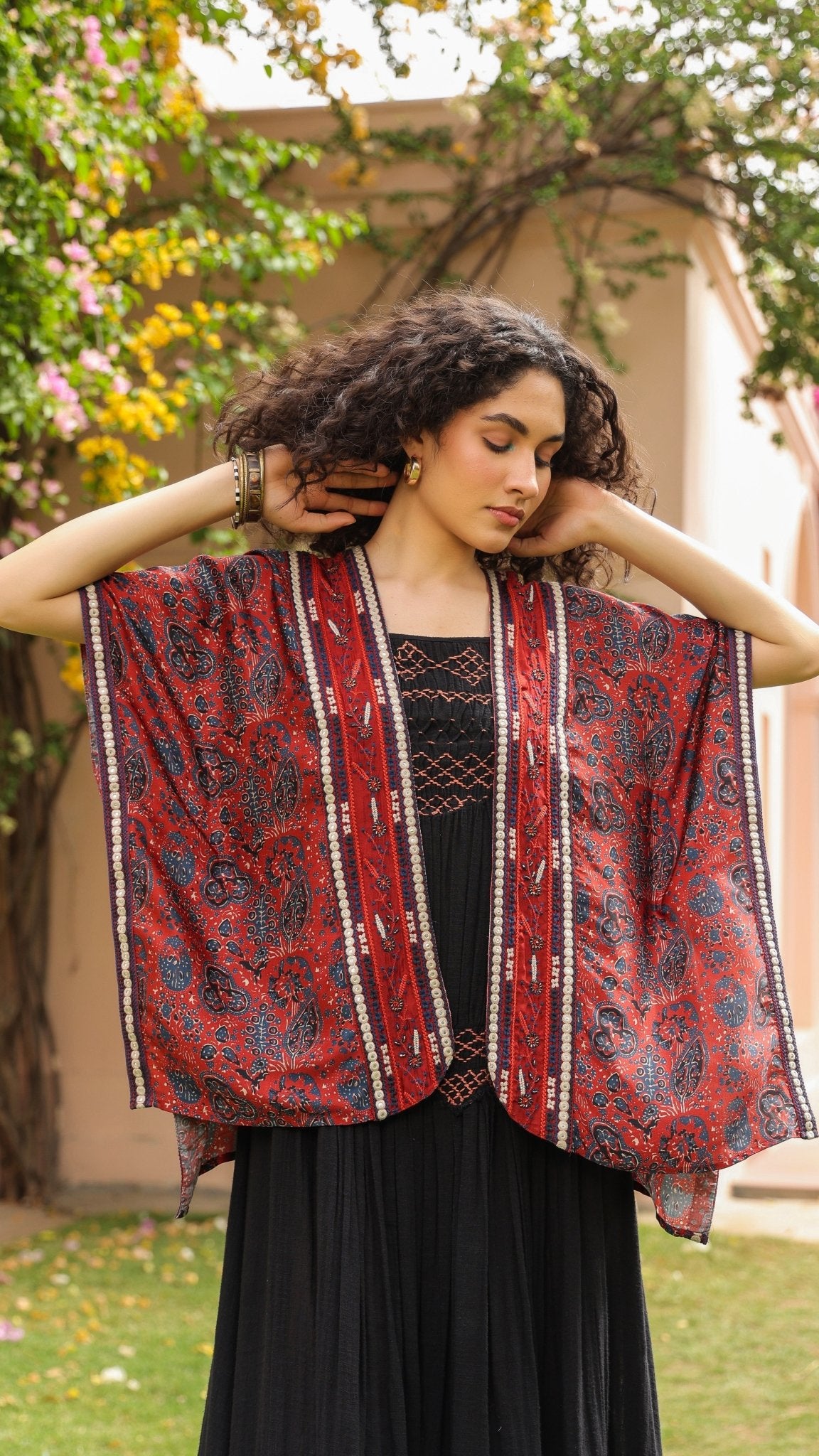 Women Viscose Printed Embroidery Beads Work Shrug - Nyaro