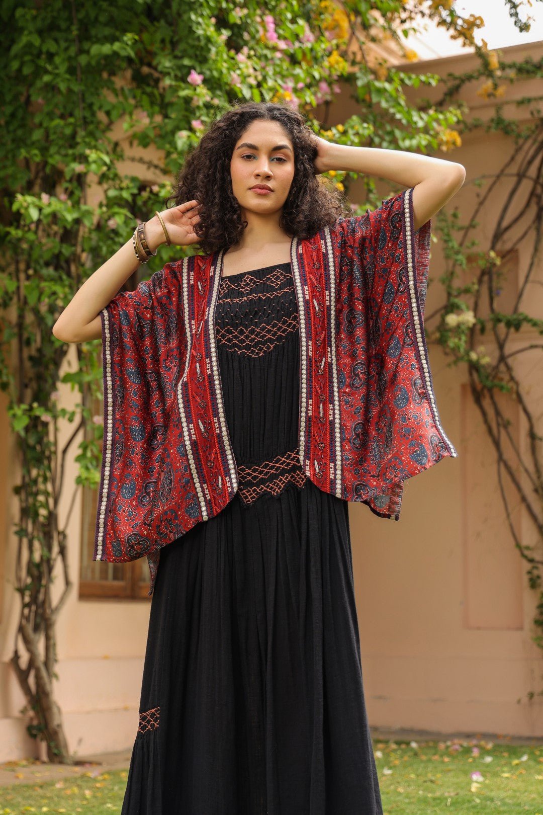 Women Viscose Printed Embroidery Beads Work Shrug - Nyaro
