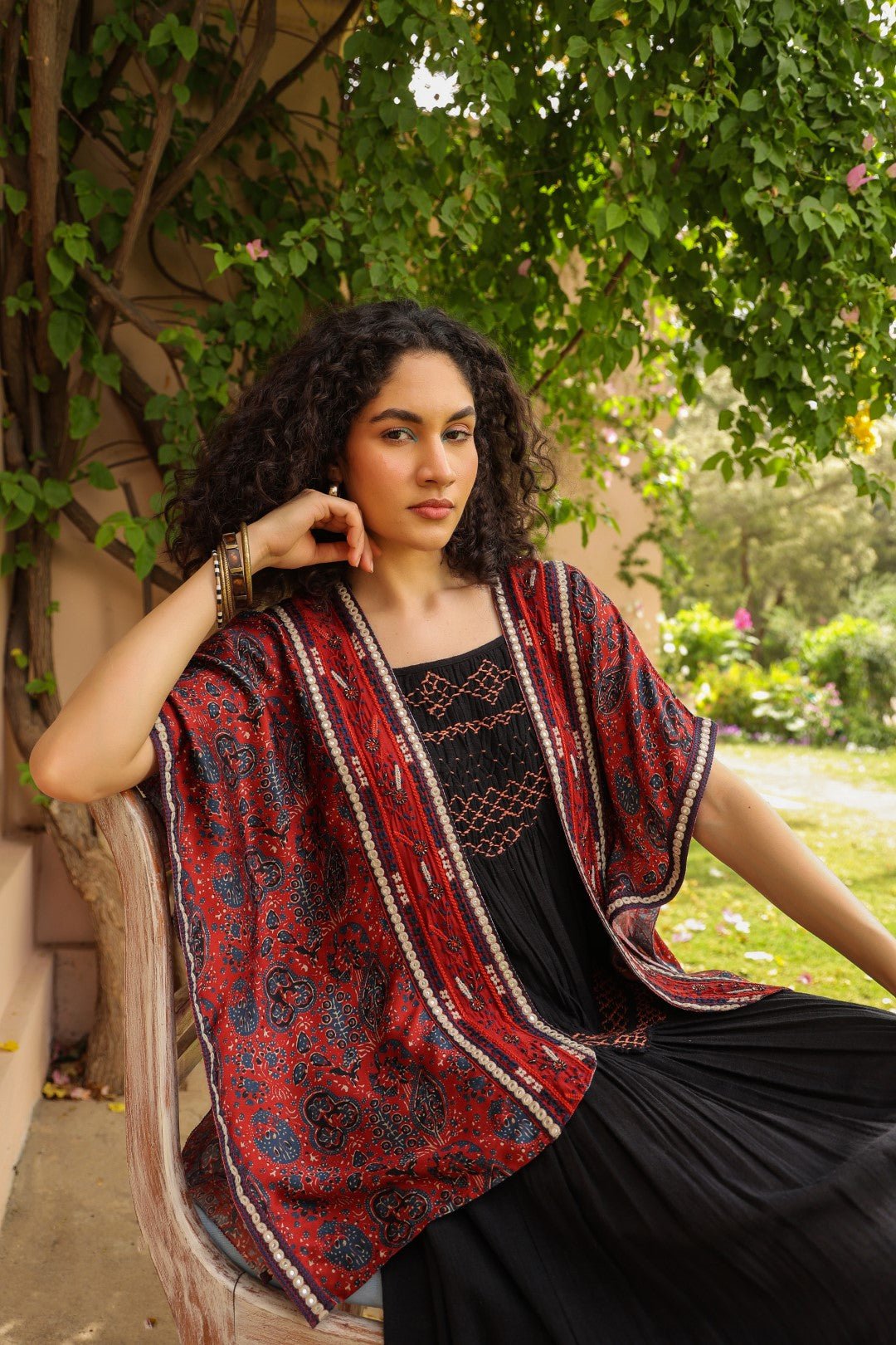Women Viscose Printed Embroidery Beads Work Shrug - Nyaro