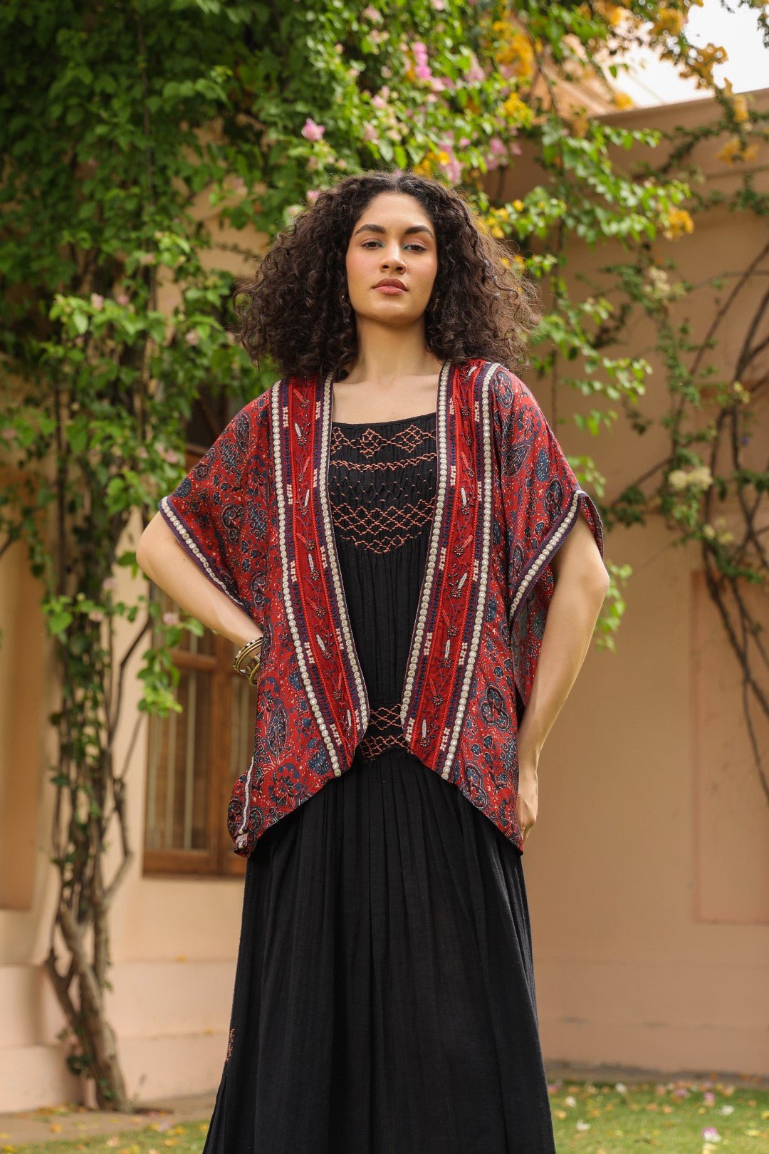 Women Viscose Printed Embroidery Beads Work Shrug - Nyaro