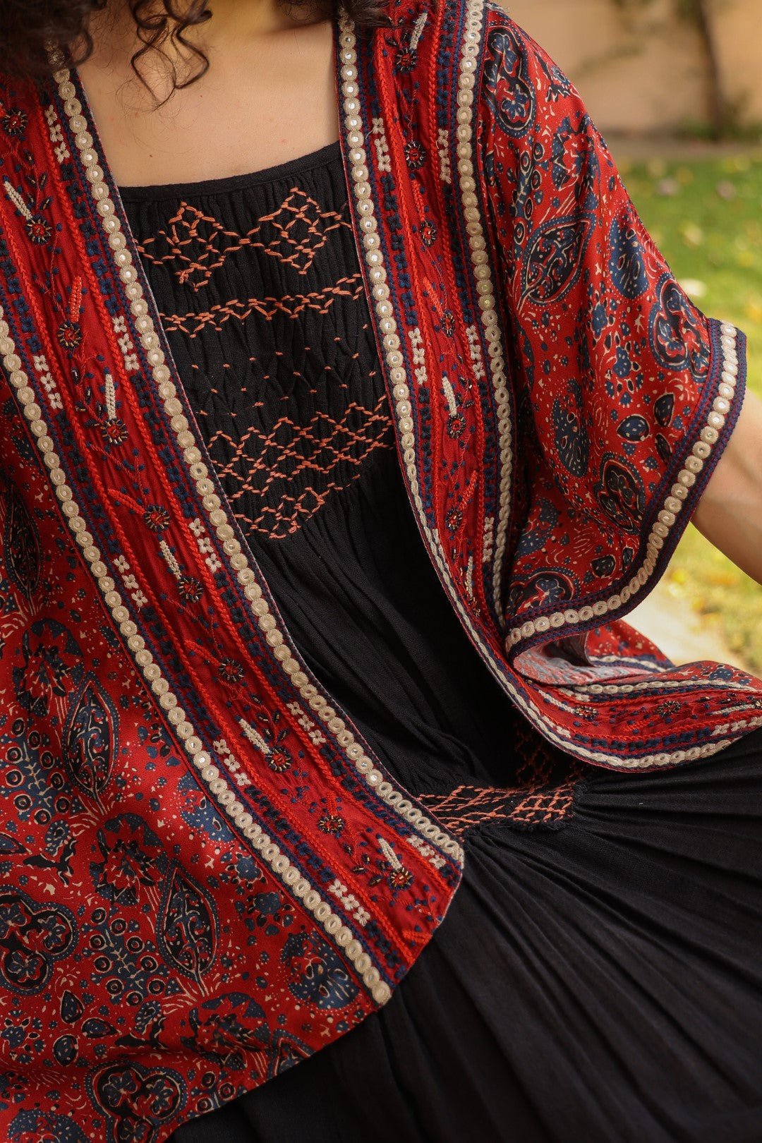 Women Viscose Printed Embroidery Beads Work Shrug - Nyaro