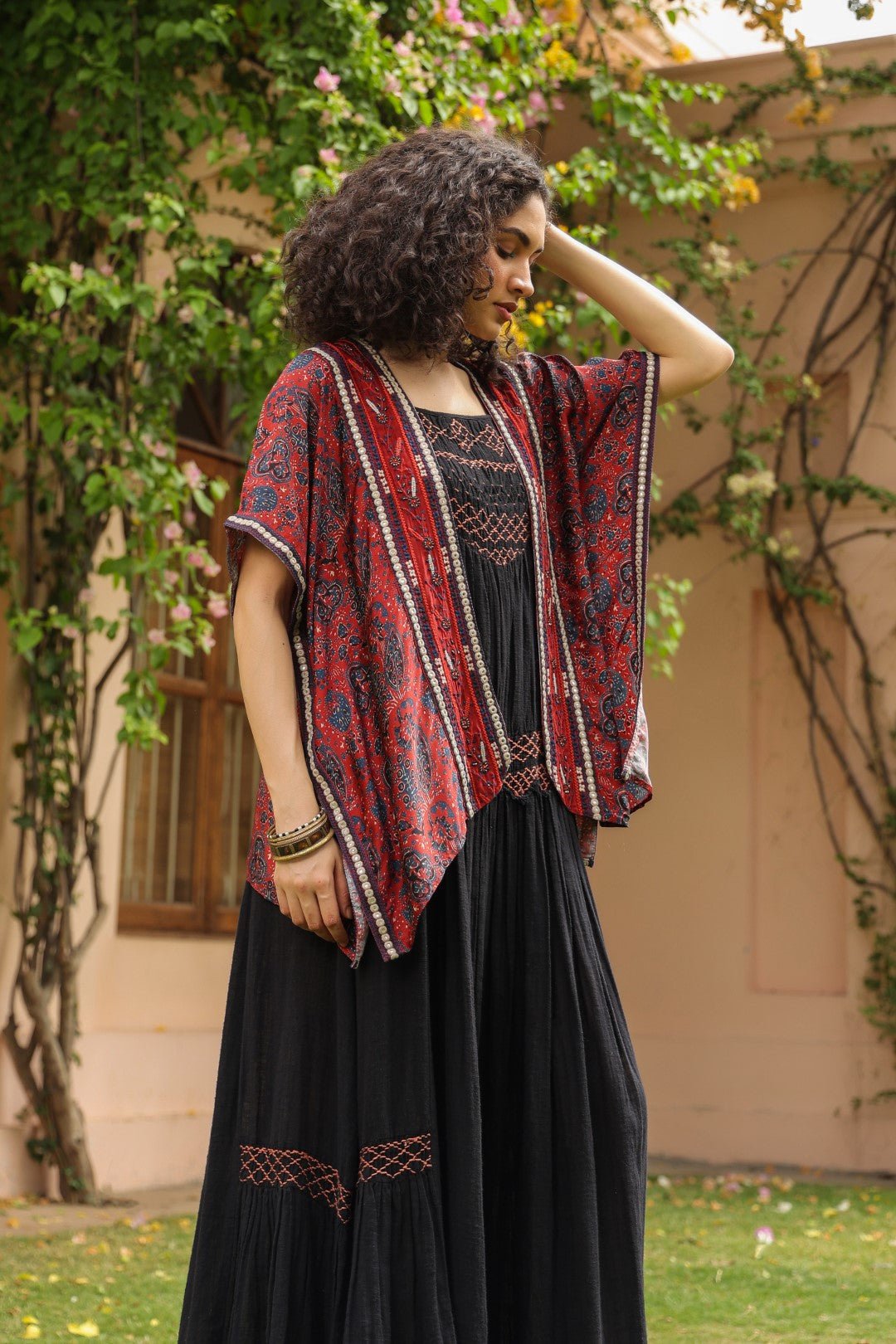 Women Viscose Printed Embroidery Beads Work Shrug - Nyaro