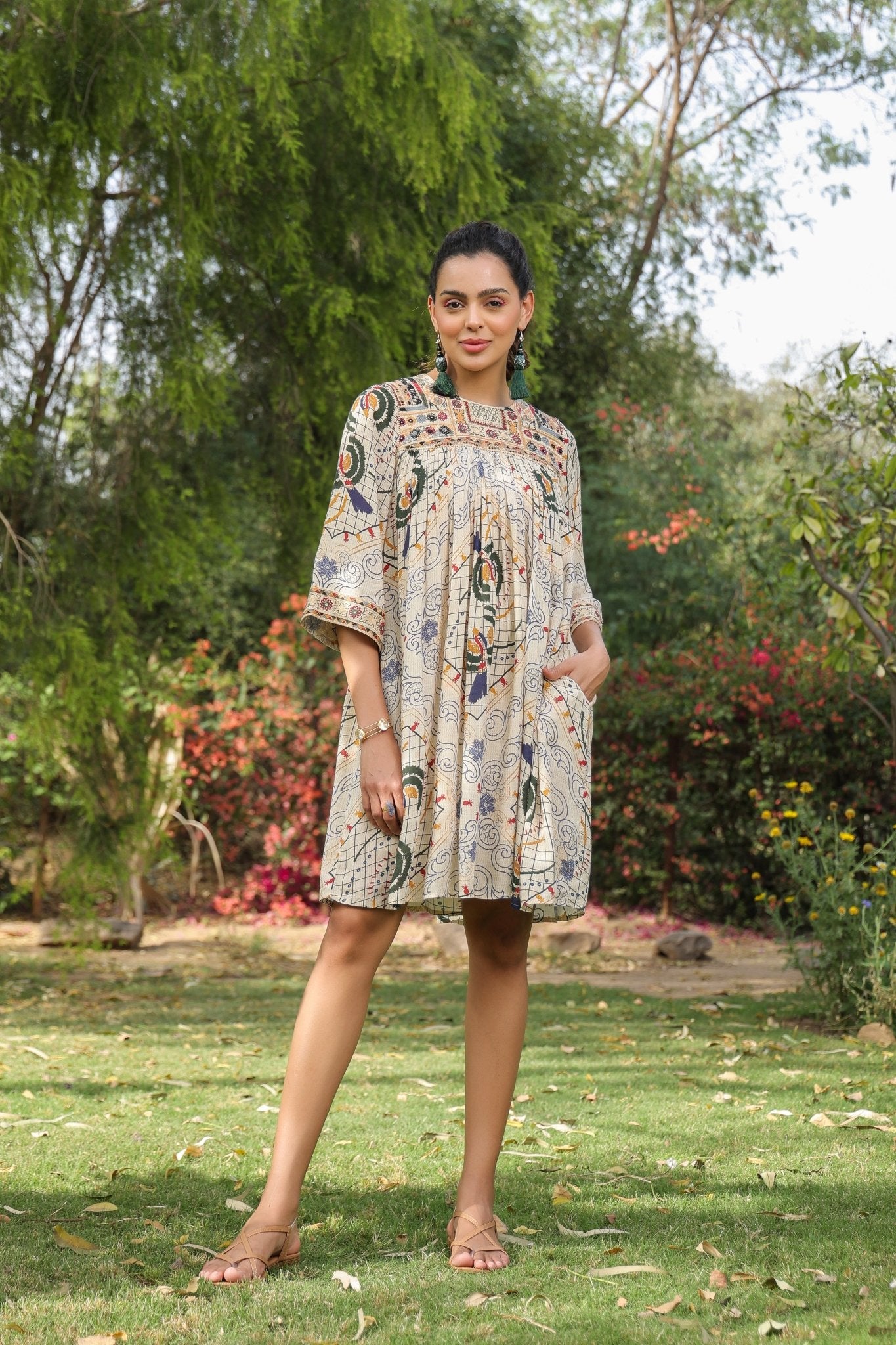 Women Viscose Santoon Digital Printed Embroidery And Beads Work Mini Dress - Nyaro