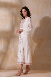 Women White Cotton Dobby Embroidery Long Dress - Nyaro