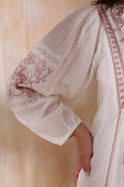 Women White Cotton Dobby Embroidery Long Dress - Nyaro