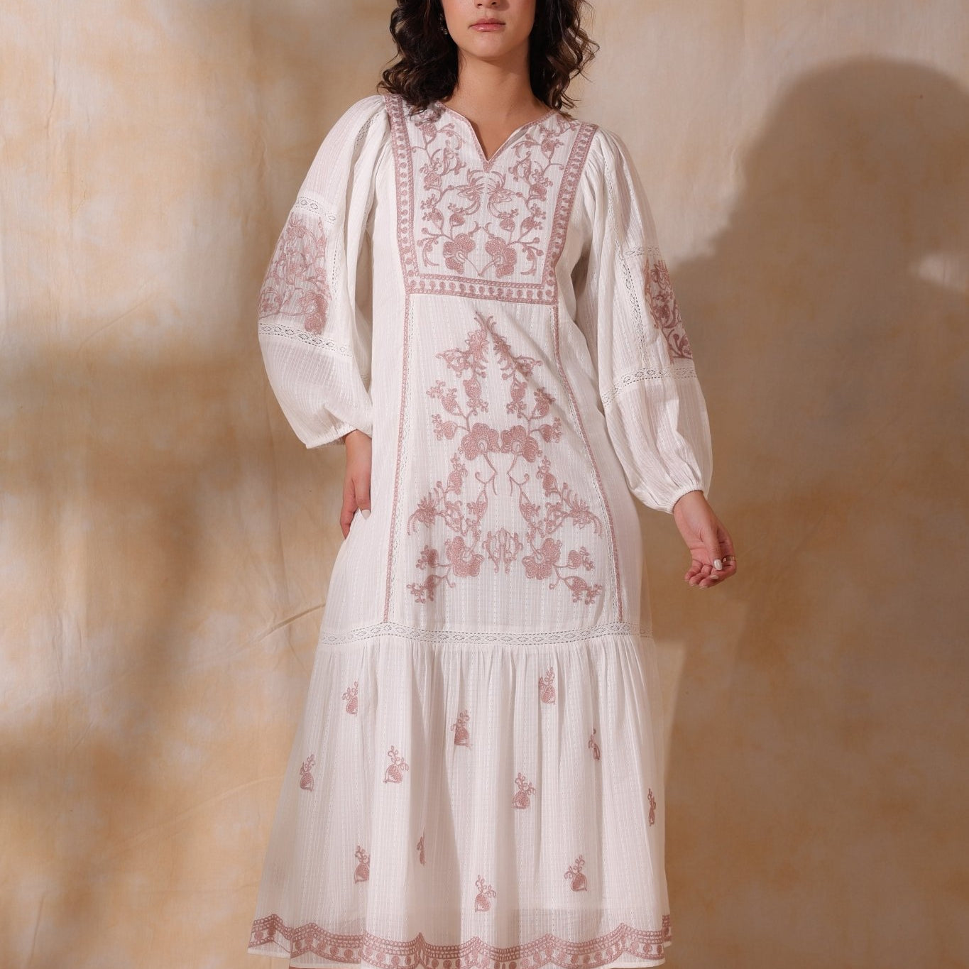 Women White Cotton Dobby Embroidery Long Dress - Nyaro