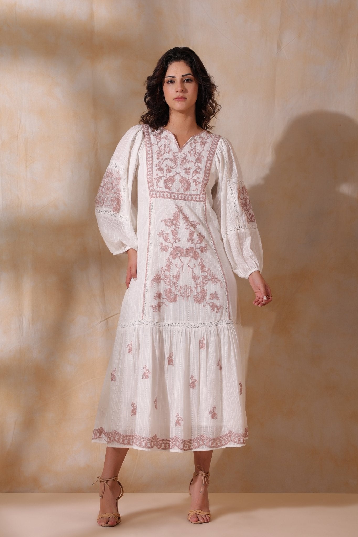 Women White Cotton Dobby Embroidery Long Dress - Nyaro