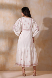 Women White Cotton Dobby Embroidery Long Dress - Nyaro