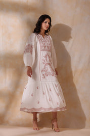 Women White Cotton Dobby Embroidery Long Dress - Nyaro